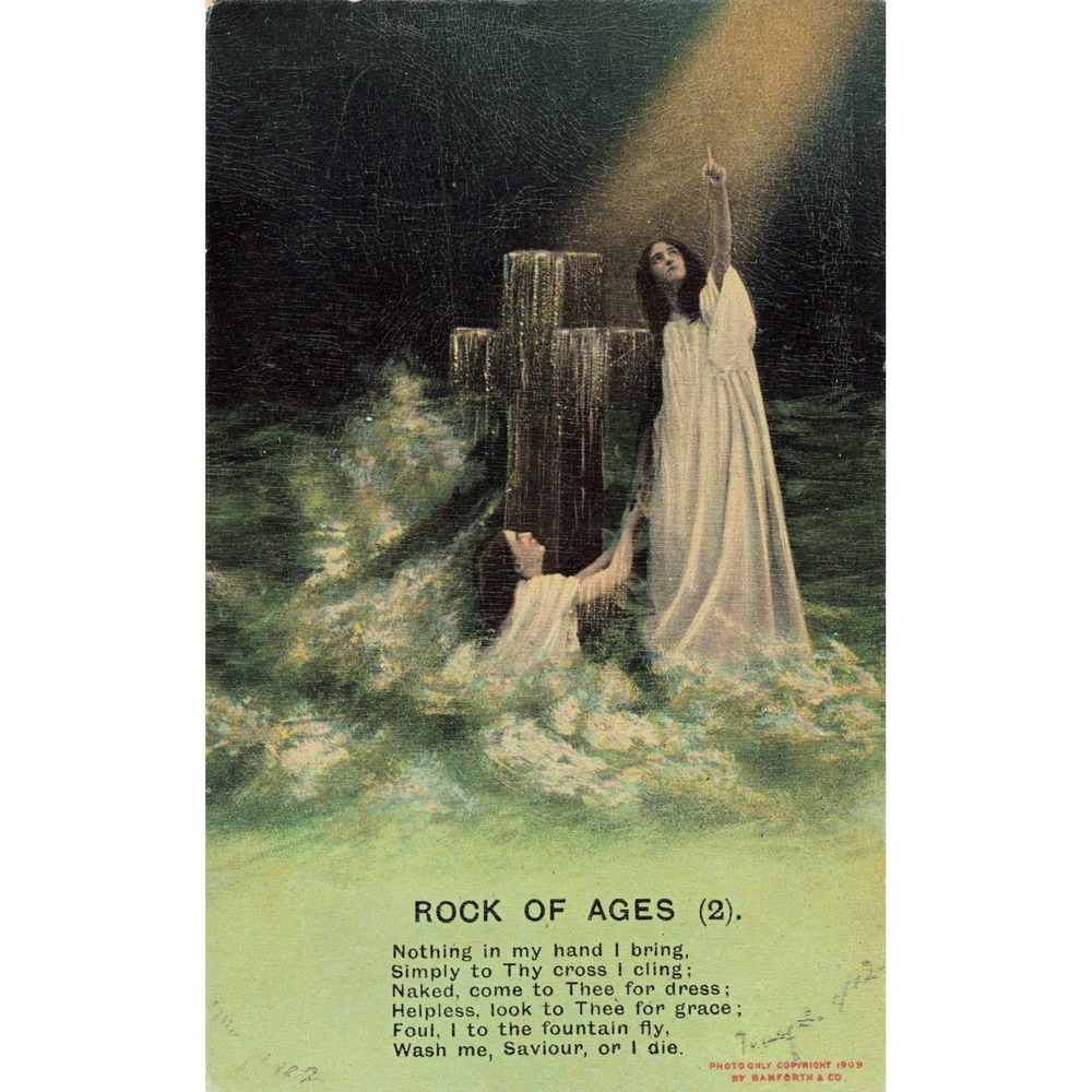 Rock of Ages (2) Hymn Postcard 1909 Bamforth & Co Cross Christian Antique Vtg